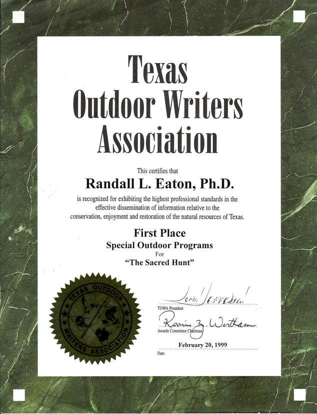 Third Place in Outdoor Ethics, TV Broadcast, for "The Sacred Hunt"